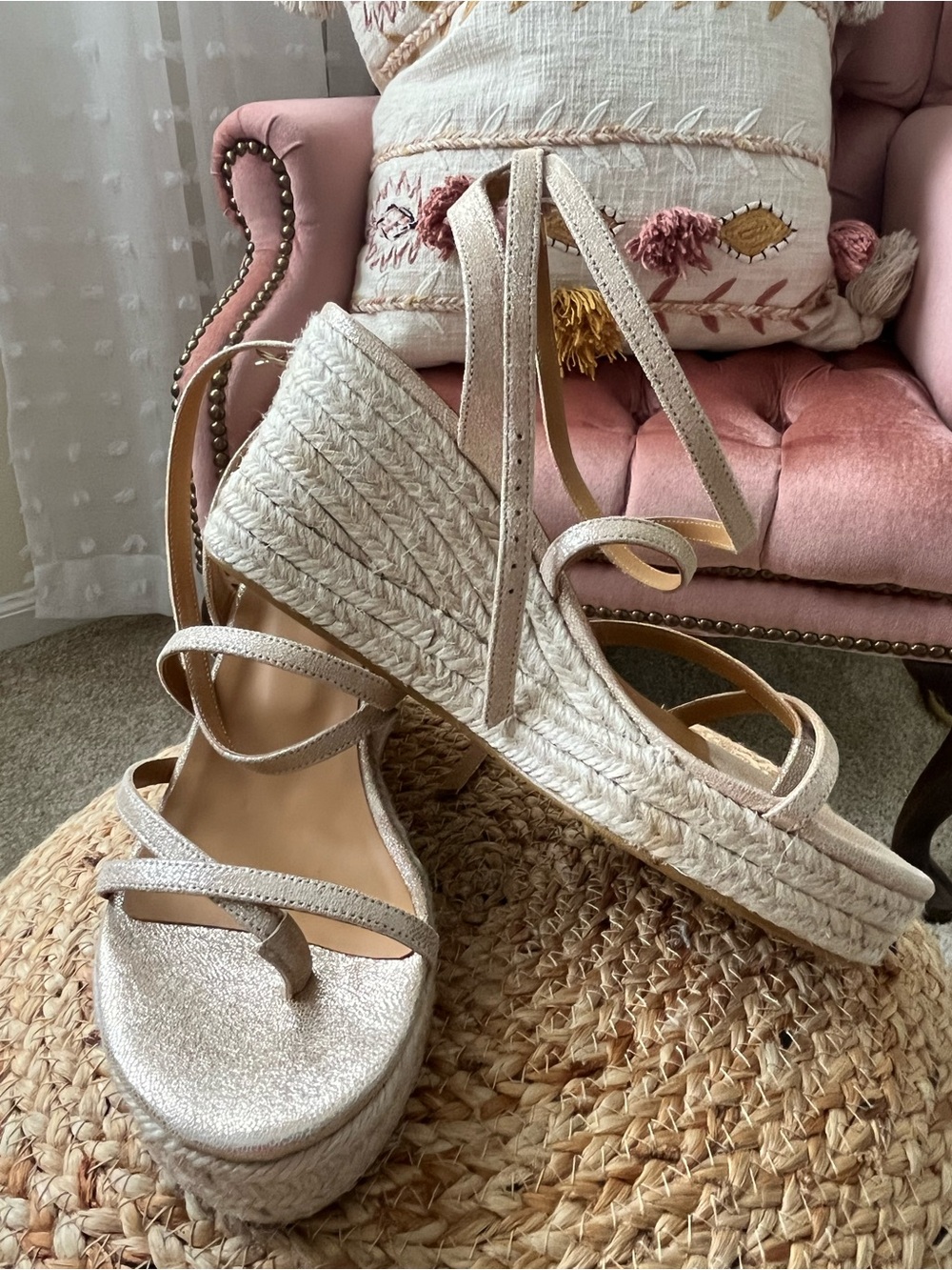 Champagne Gold Strappy Espadrille Wedges
